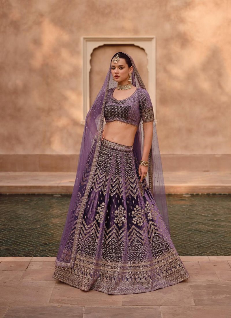 Designer hand-embroidered pure viscose lehenga in dark purple