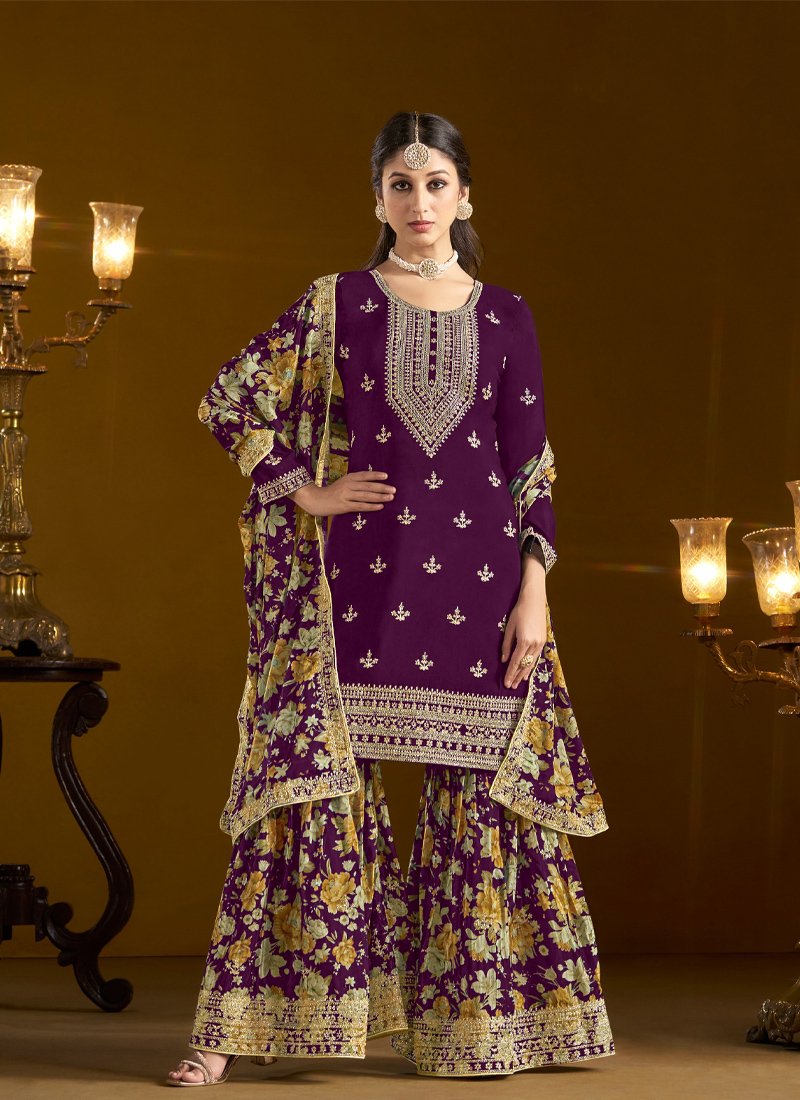 Stunning floral printed chinon palazzo suit in dark purple