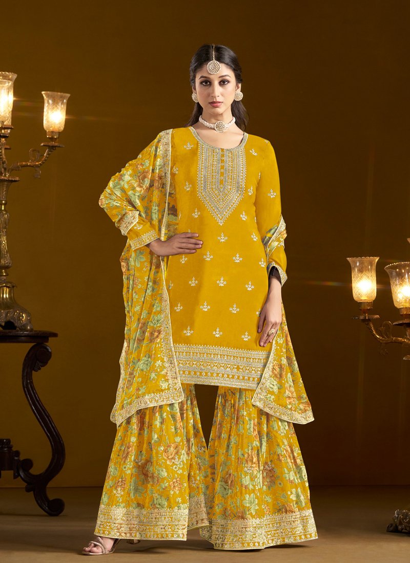 Stunning floral printed chinon palazzo suit in yellow