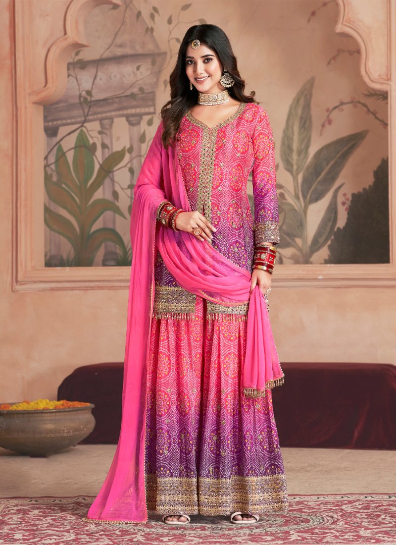 Stylish bandhani printed chinon sharara suit in pink