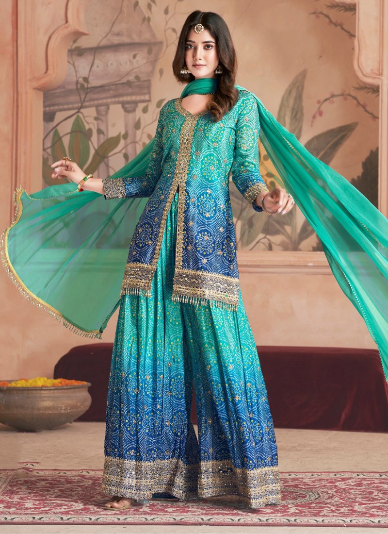 Stylish bandhani printed chinon sharara suit in blue