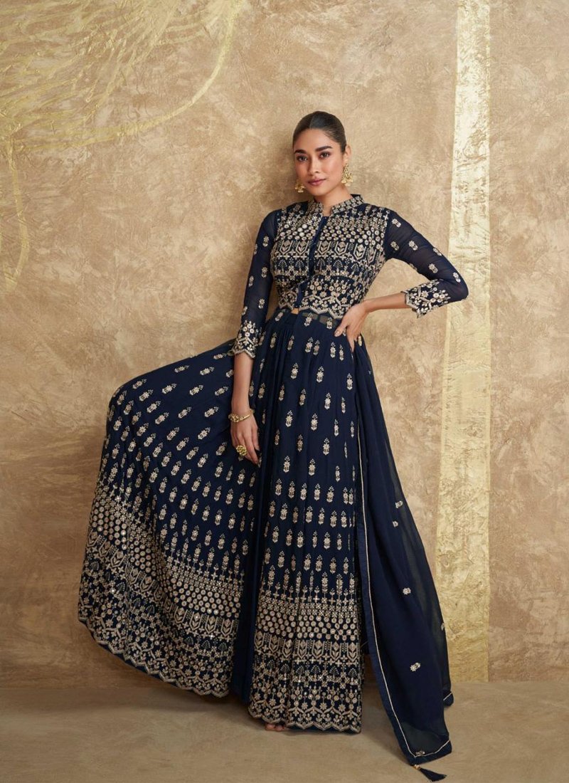 Stylish heavy embroidered georgette anarkali suit with palazzo in dark blue