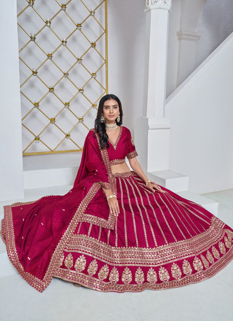 Premium golden thread embroidered art silk lehenga in pink