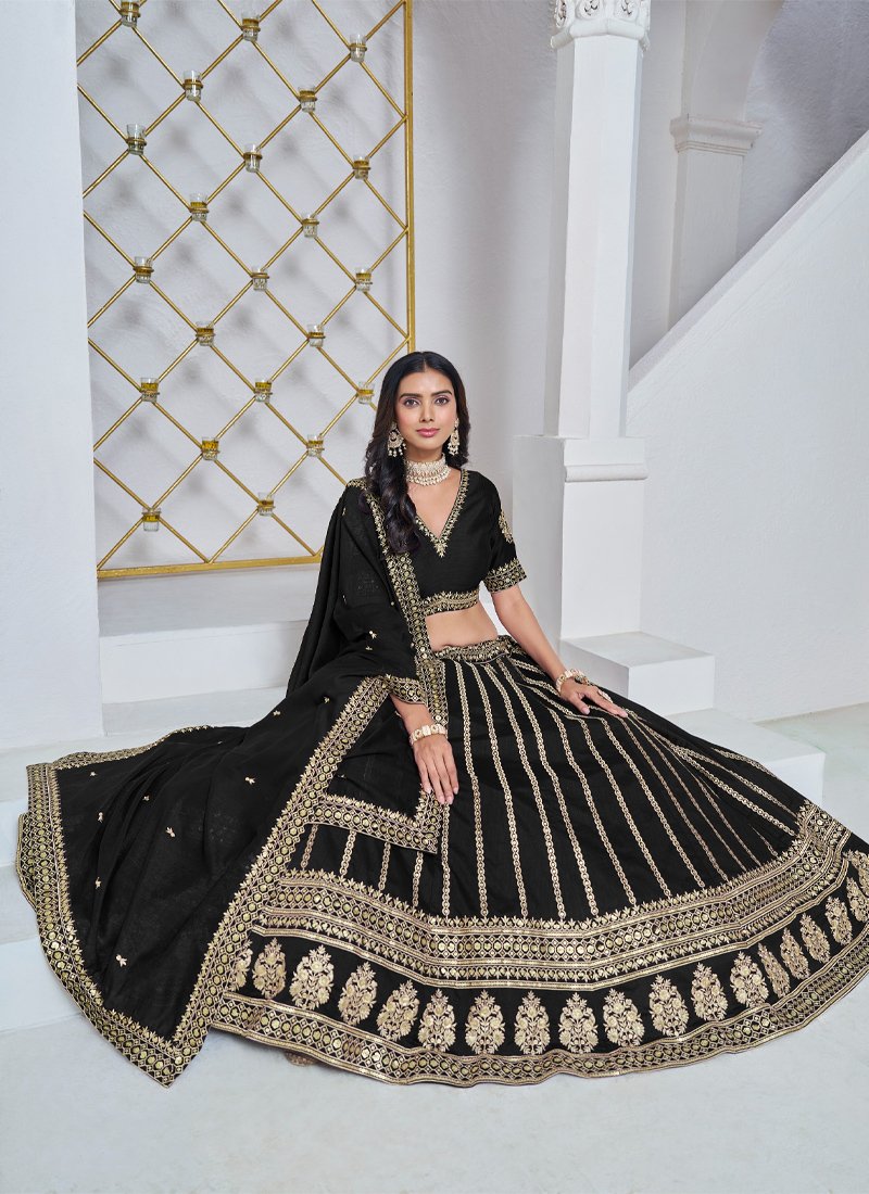 Premium golden thread embroidered art silk lehenga in black