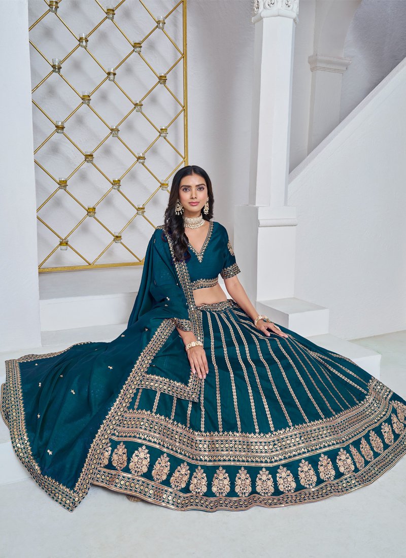 Premium golden thread embroidered art silk lehenga in light blue