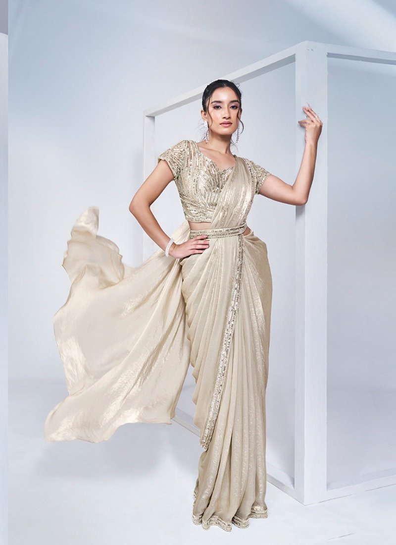 Designer hand embroidered satin silk saree in beige