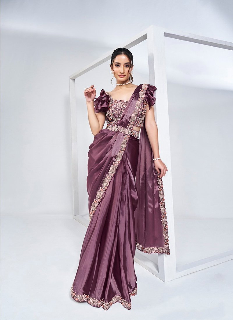 Designer hand embroidered satin silk saree in purple