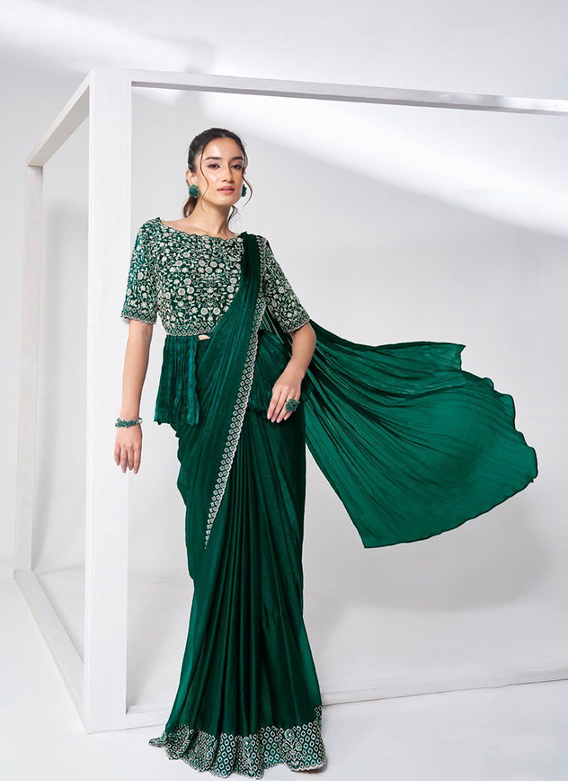 Designer hand embroidered satin silk saree in dark green