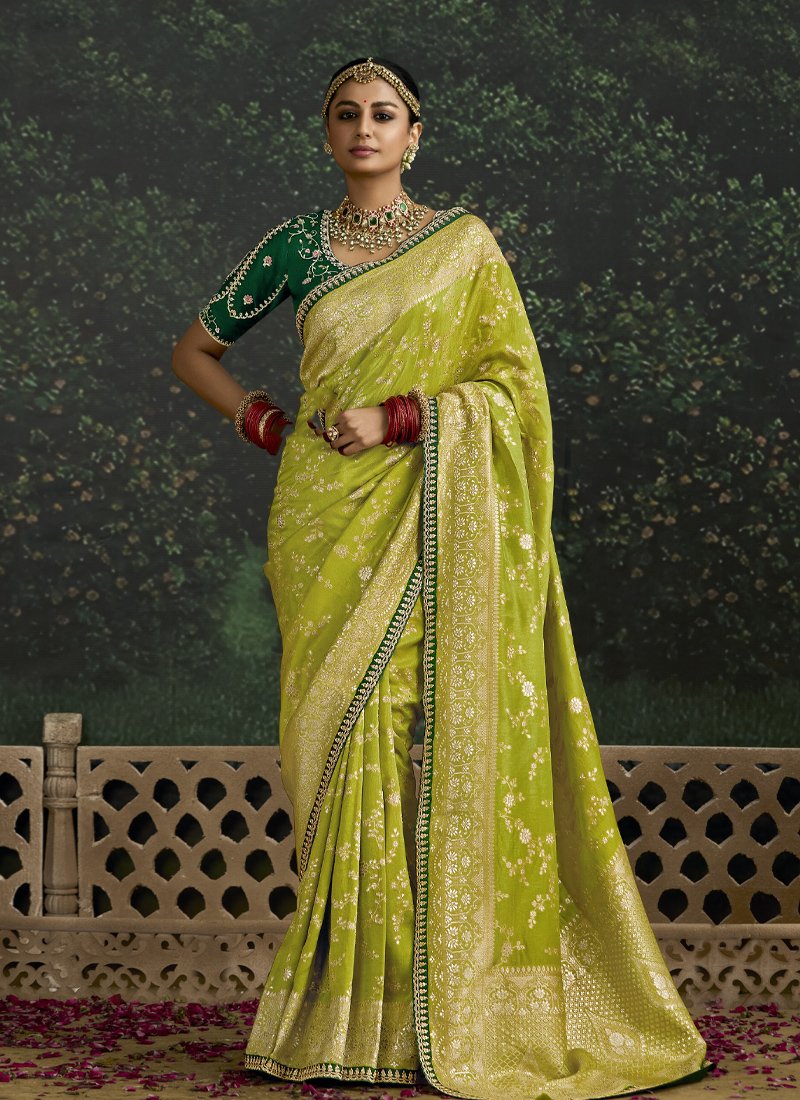 Beautiful zari weaving pure banarasi kanjivaram saree in parrot green