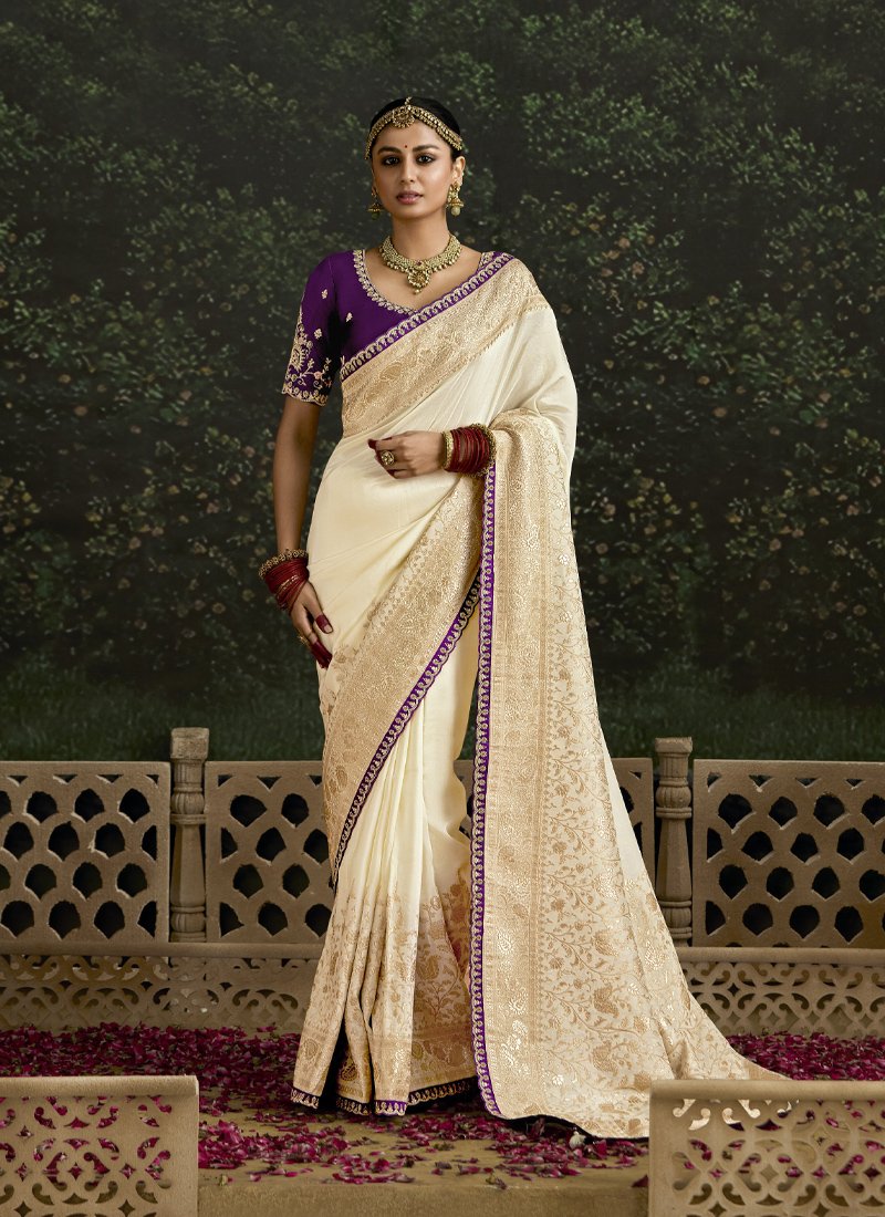 Beautiful zari weaving pure banarasi kanjivaram saree in cream