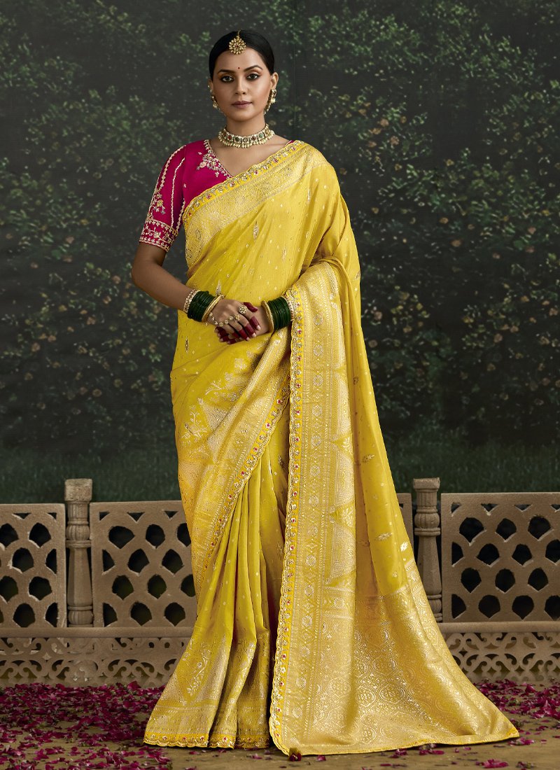 Beautiful zari weaving pure banarasi kanjivaram saree in yellow