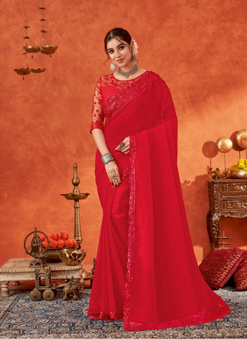 Beautifully crafted chiffon saree in red