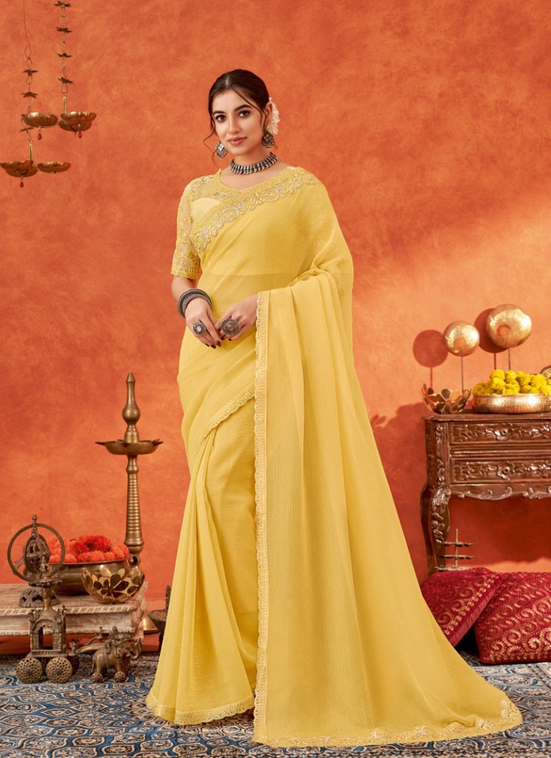 Beautifully crafted chiffon saree in yellow