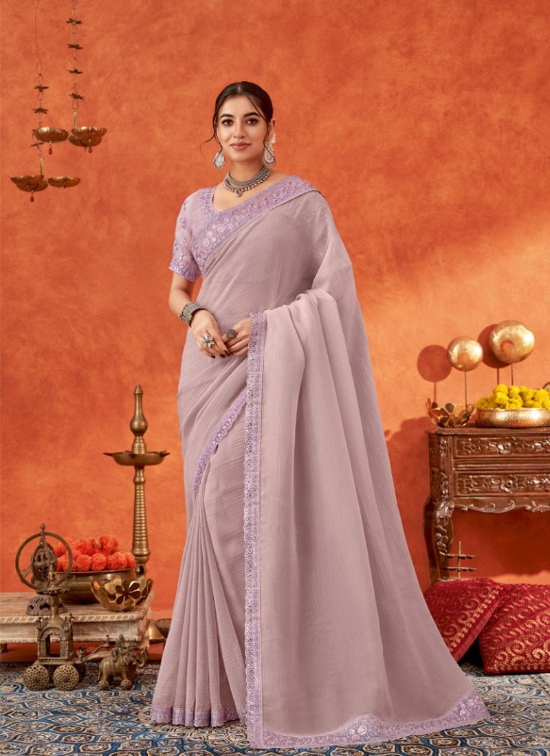 Beautifully crafted chiffon saree in light purple