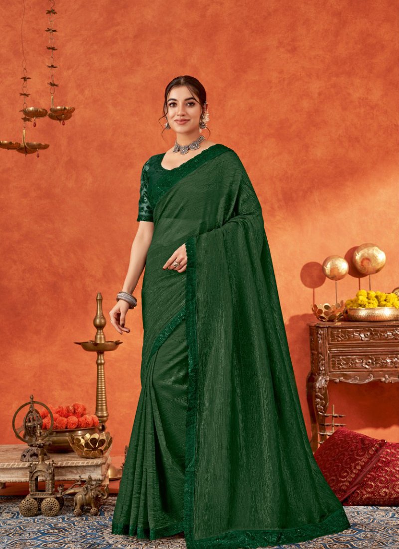 Beautifully crafted chiffon saree in dark green