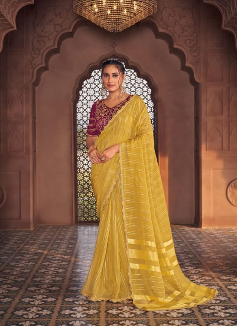 Stunning embroidered satin organza saree in yellow