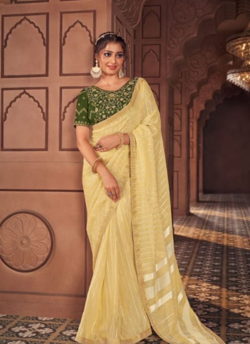 Stunning embroidered satin organza saree in light yellow