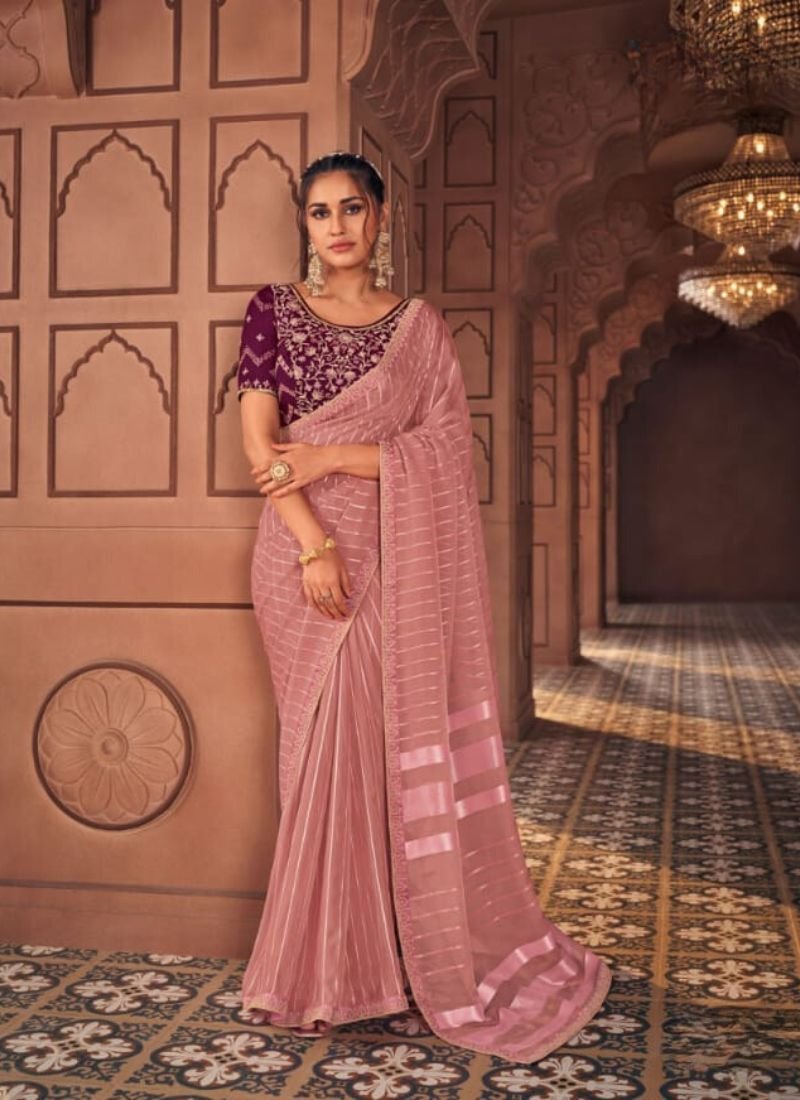 Stunning embroidered satin organza saree in nude pink