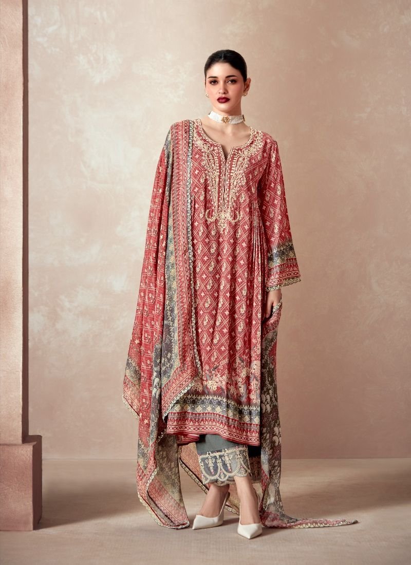 Designer digital printed pure muslin pant suit in red