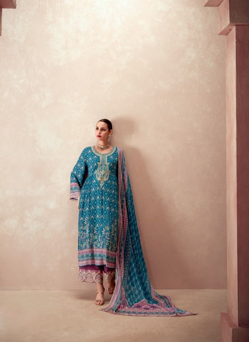 Designer digital printed pure muslin pant suit in blue