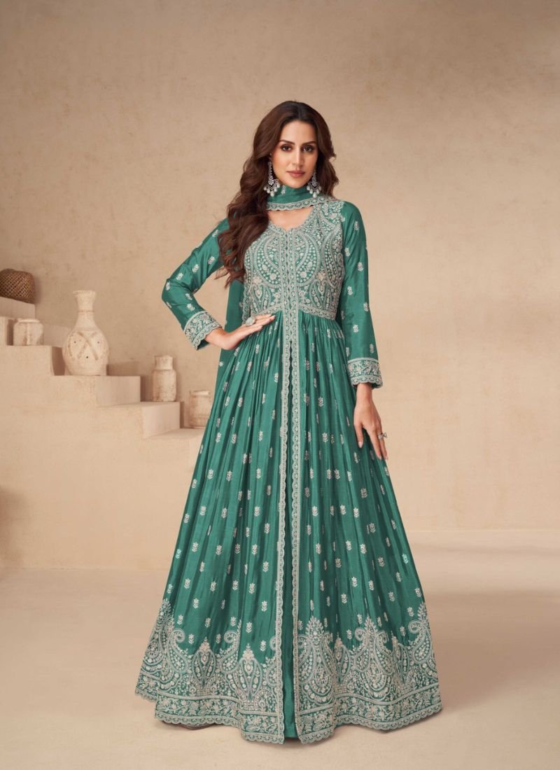 Beautifully embroidered chinon silk anarkali suit in green