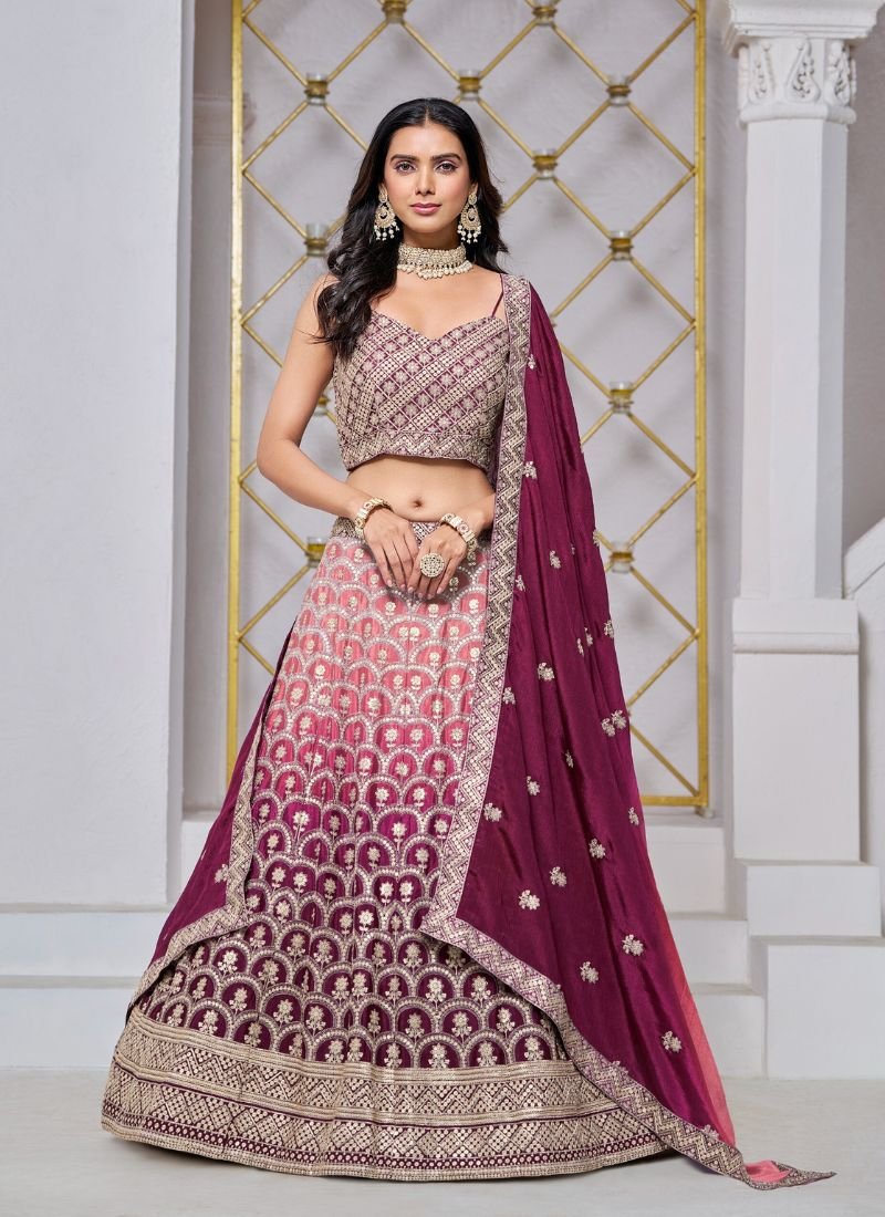 Exquisite heavy embroidered chinon lehenga in wine