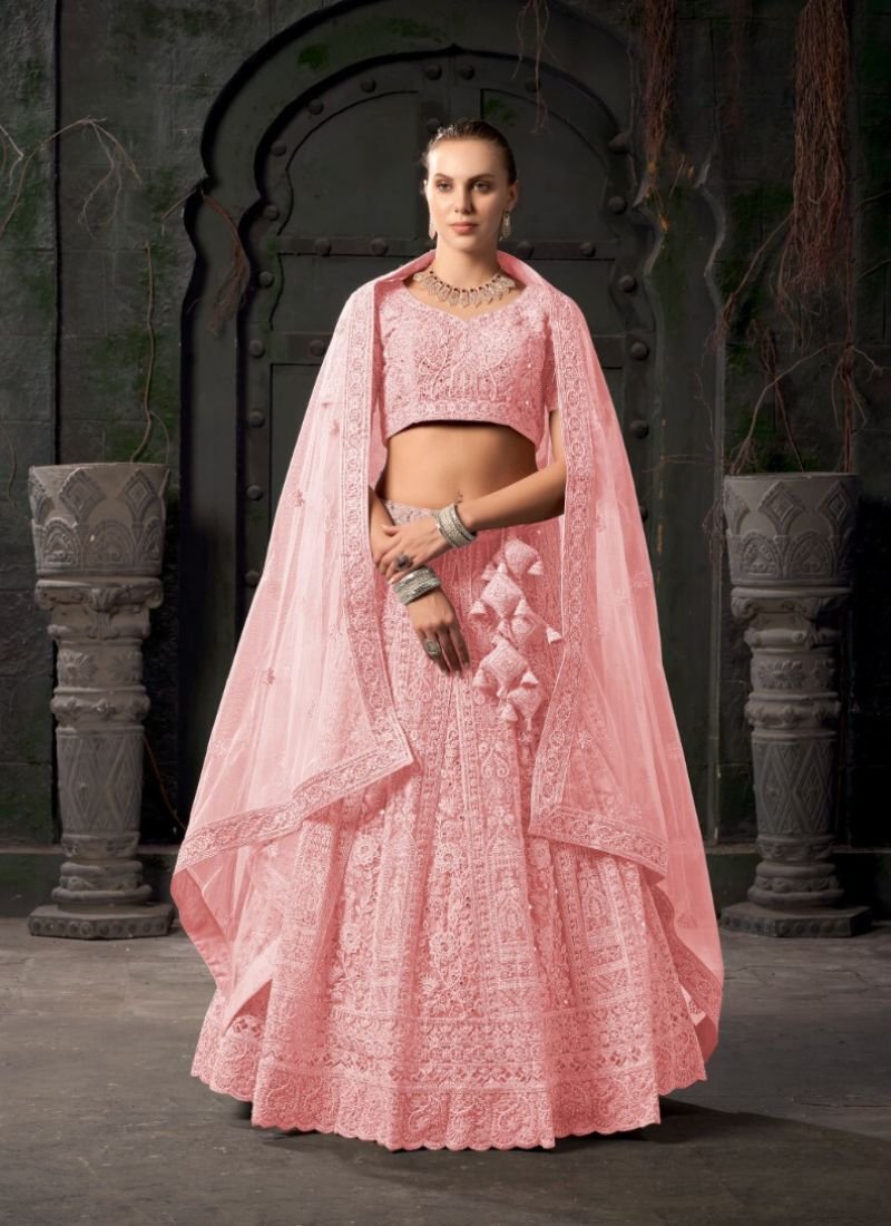 Premium heavy net zarkan embroidered lehenga in light pink