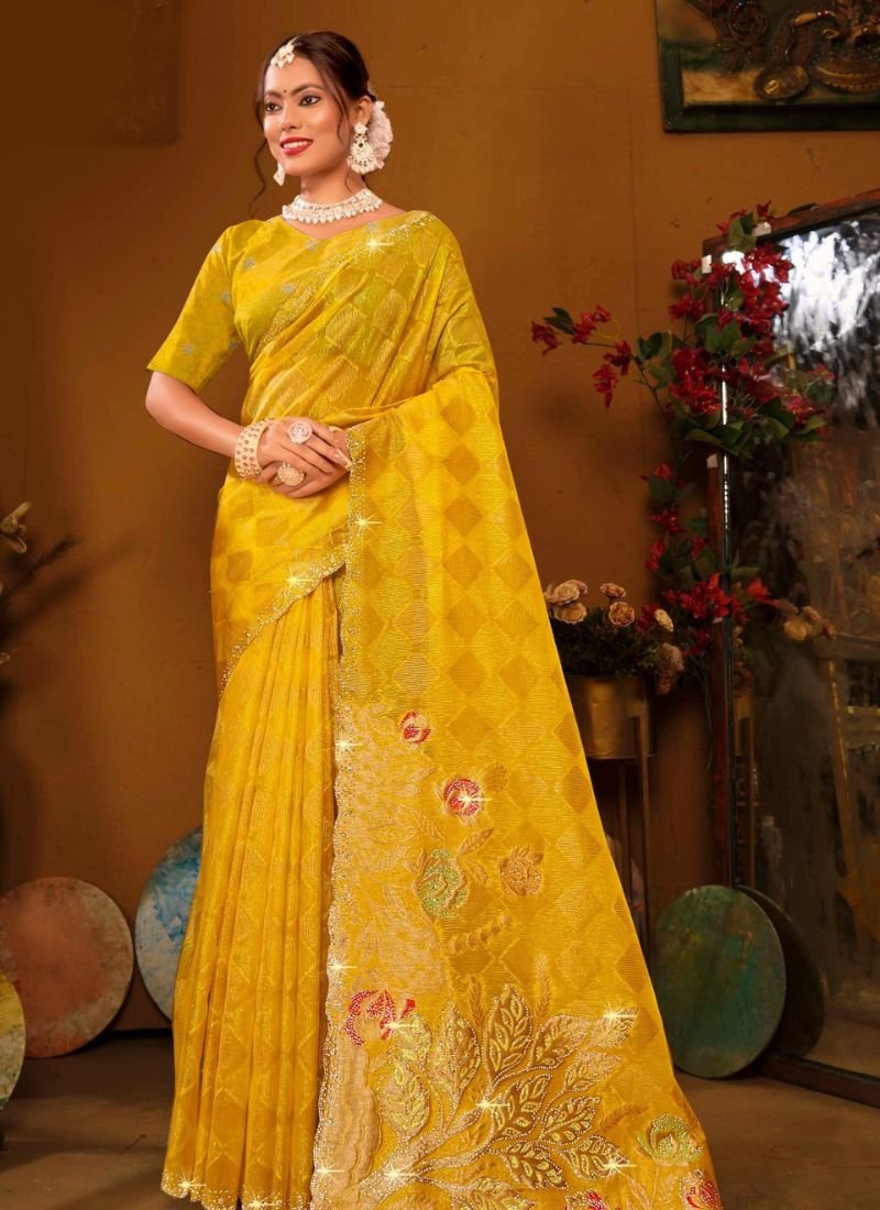 Elegant heavy zarkan silk saree in yellow