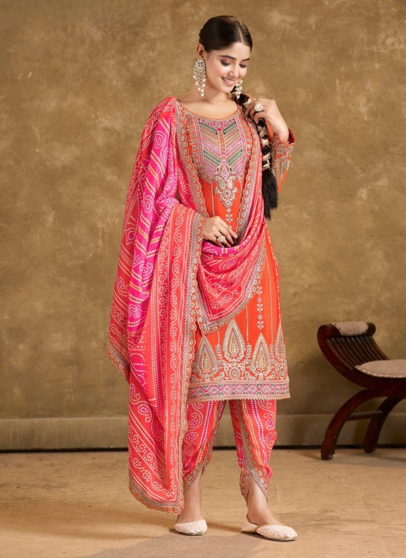 Premium hand mirror embroidered chinon salwar suit in orange