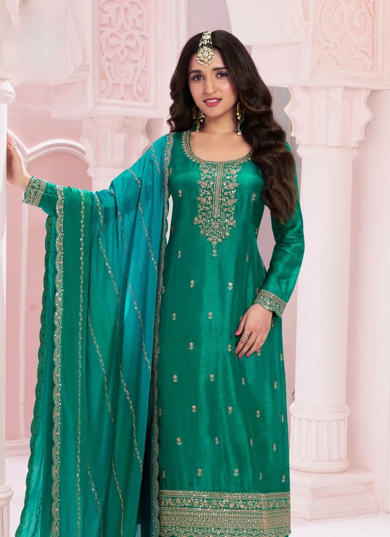 Elegant thread embroidered chinon palazzo suit in green