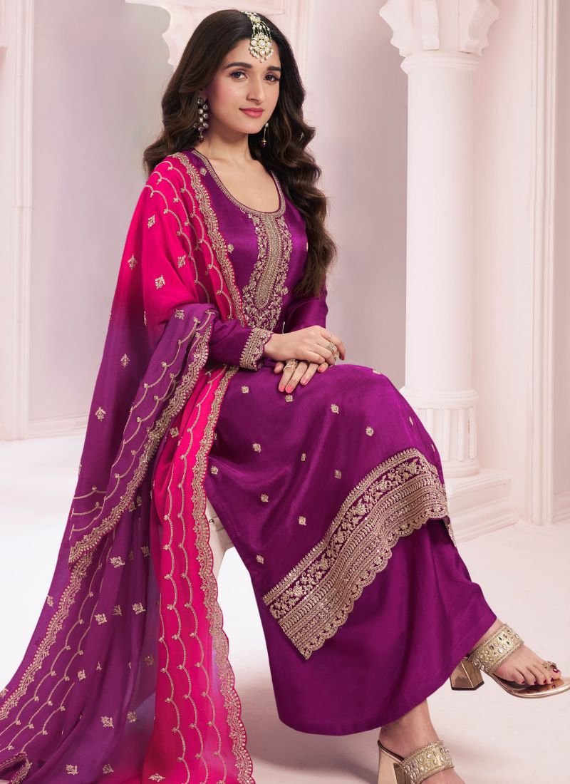 Elegant thread embroidered chinon palazzo suit in purple