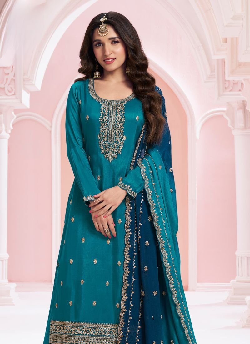 Elegant thread embroidered chinon palazzo suit in blue