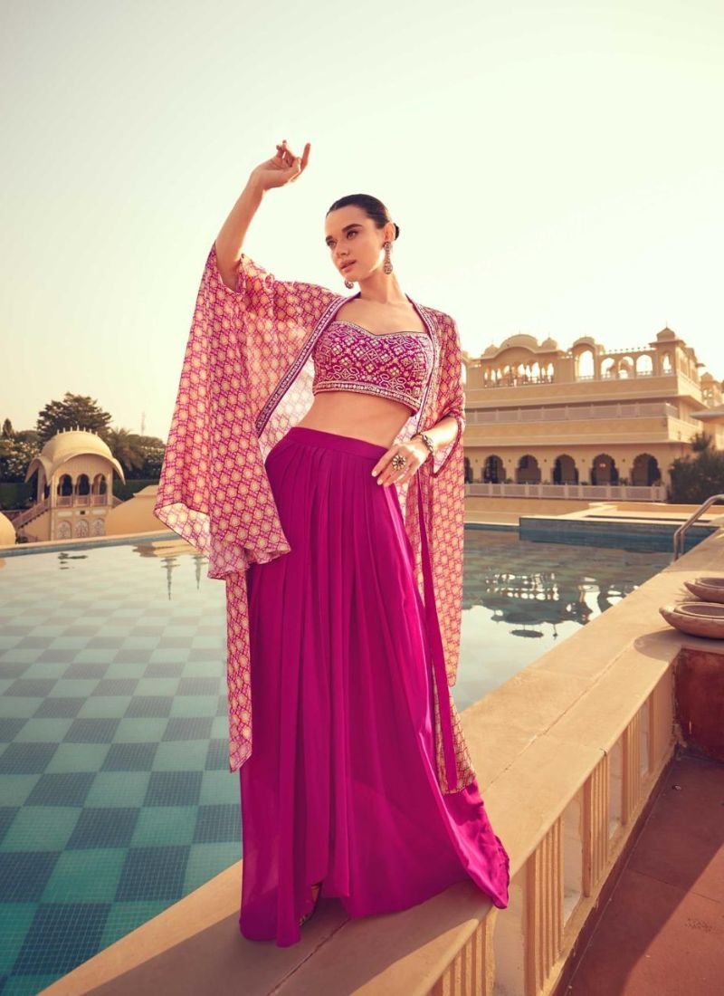 Beautifully embroidered chinon silk crop top with net shrug in red