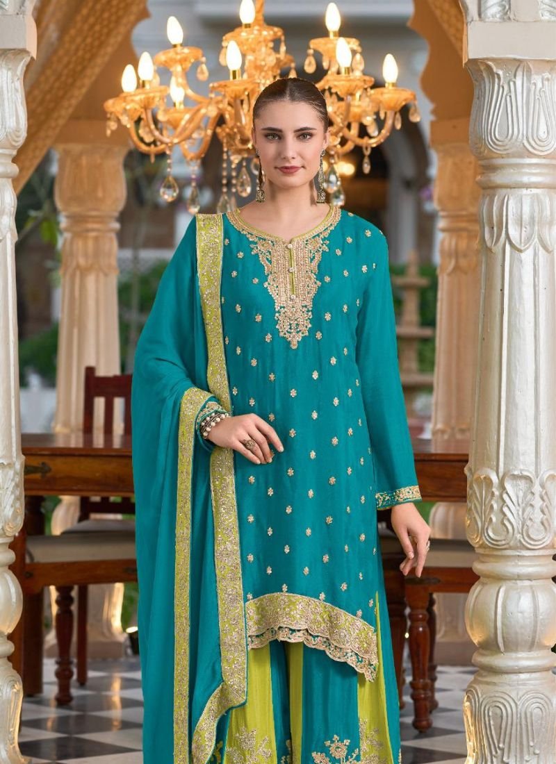 Trendy heavy thread embroidered chinon silk palazzo suit in teal green