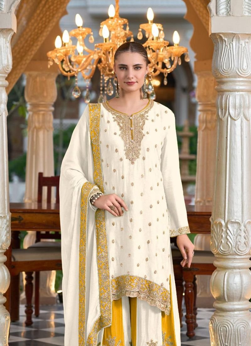 Trendy heavy thread embroidered chinon silk palazzo suit in yellow