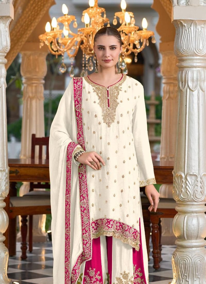 Trendy heavy thread embroidered chinon silk palazzo suit in pink