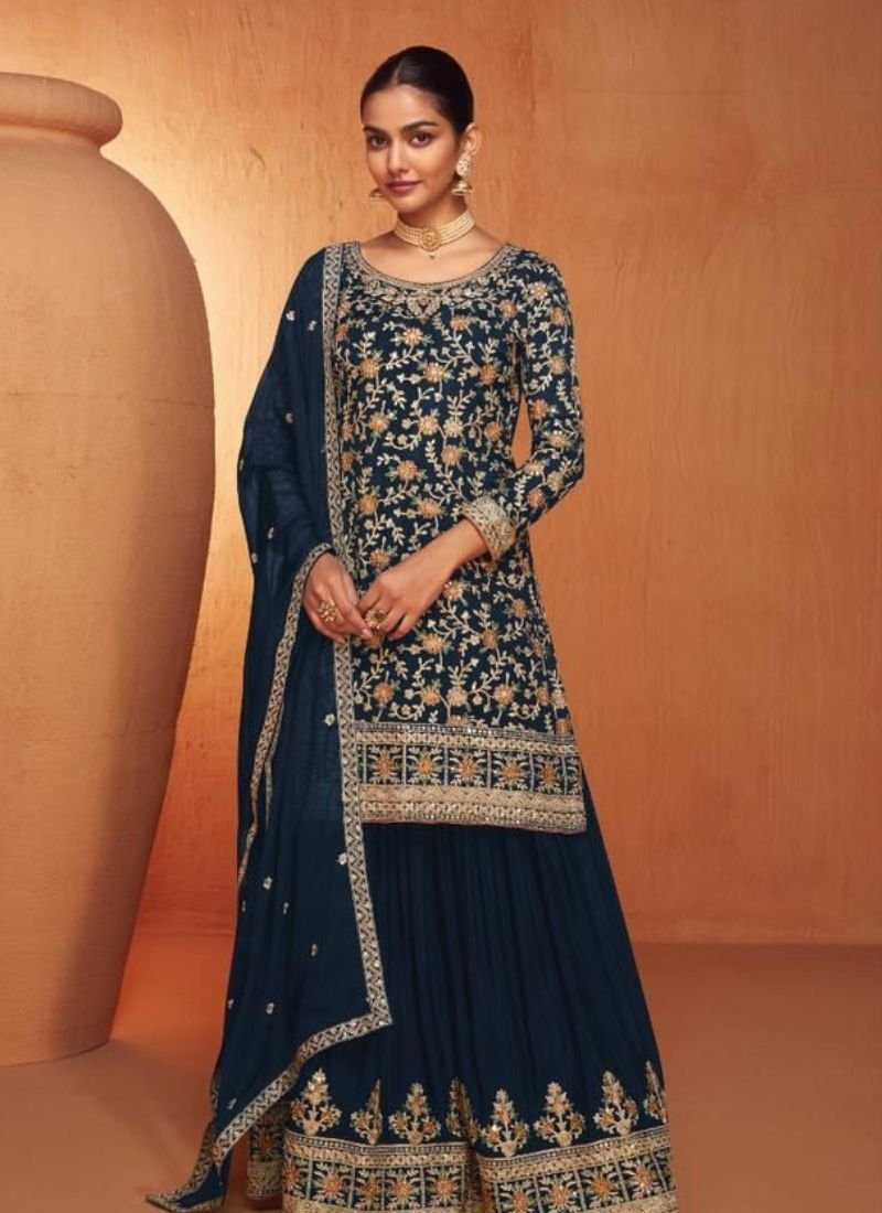 Real chinon sharara suit with heavy embroidery in Navy Blue