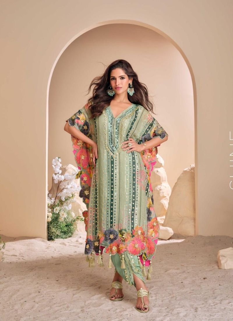 Stunning hand mirror embroidered simar organza silk salwar suit in green