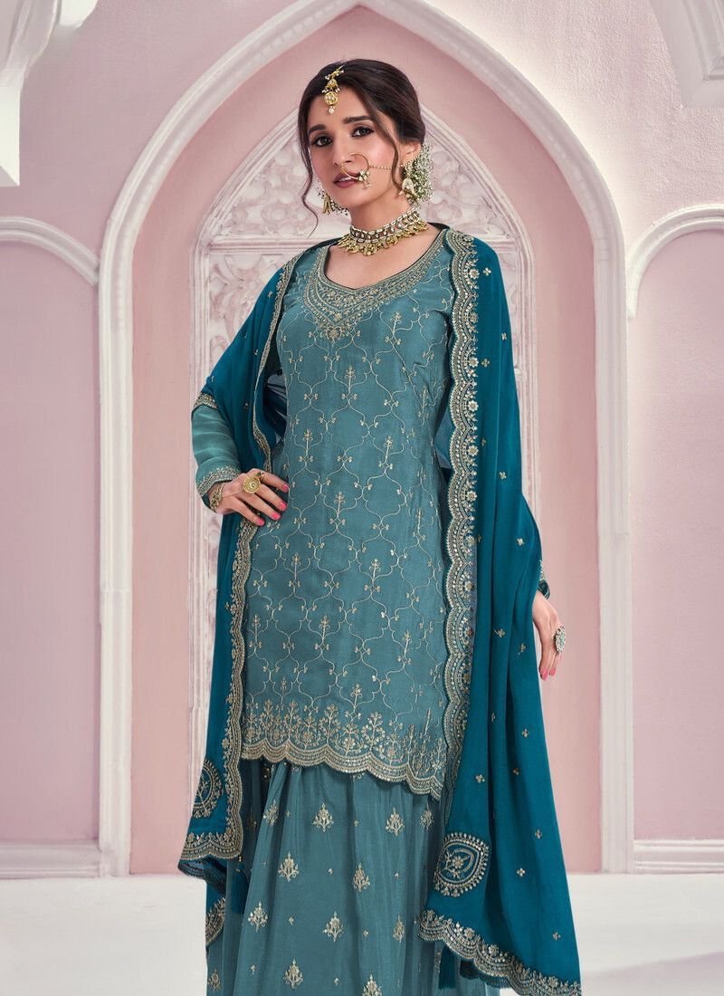 Beautiful mirror embroidered chinon sharara suit in dark blue