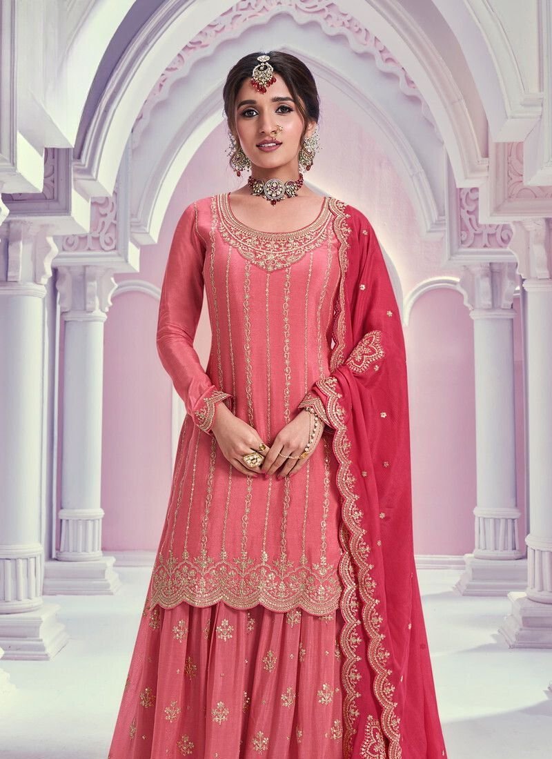 Beautiful mirror embroidered chinon sharara suit in peach