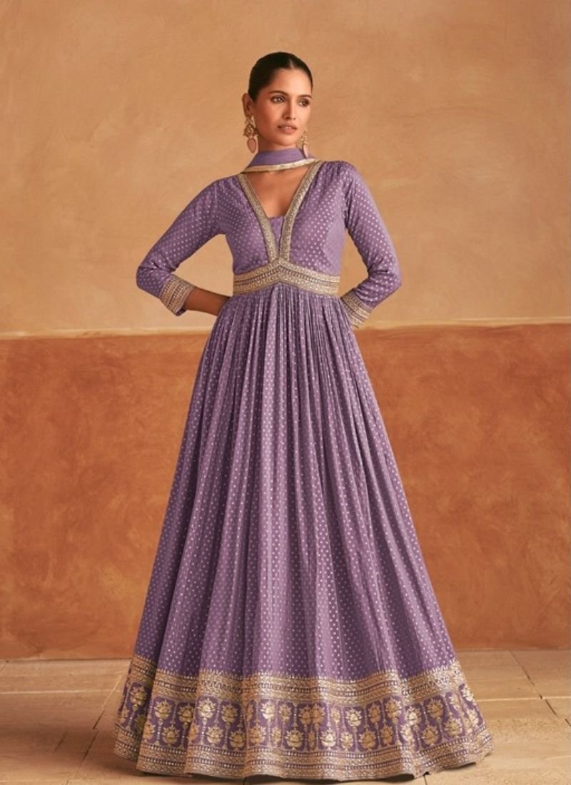 Beautiful resham embroidered viscose silk anarkali suit in purple