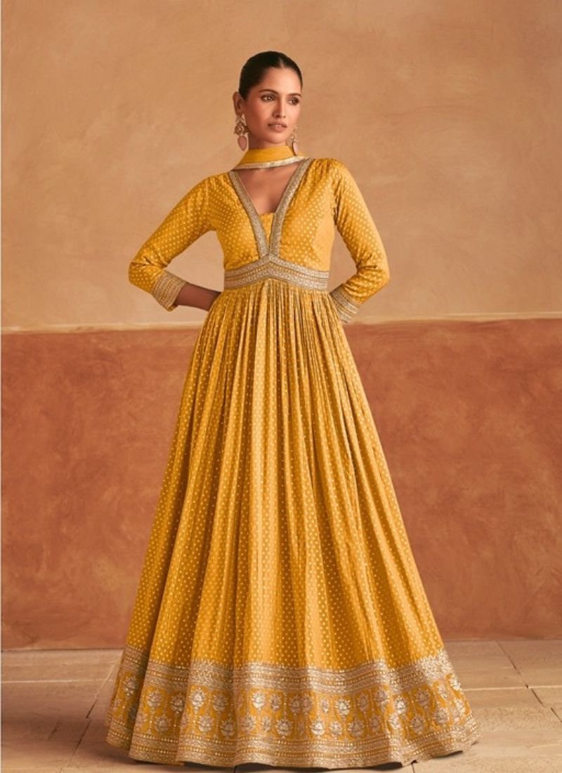 Beautiful resham embroidered viscose silk anarkali suit in yellow