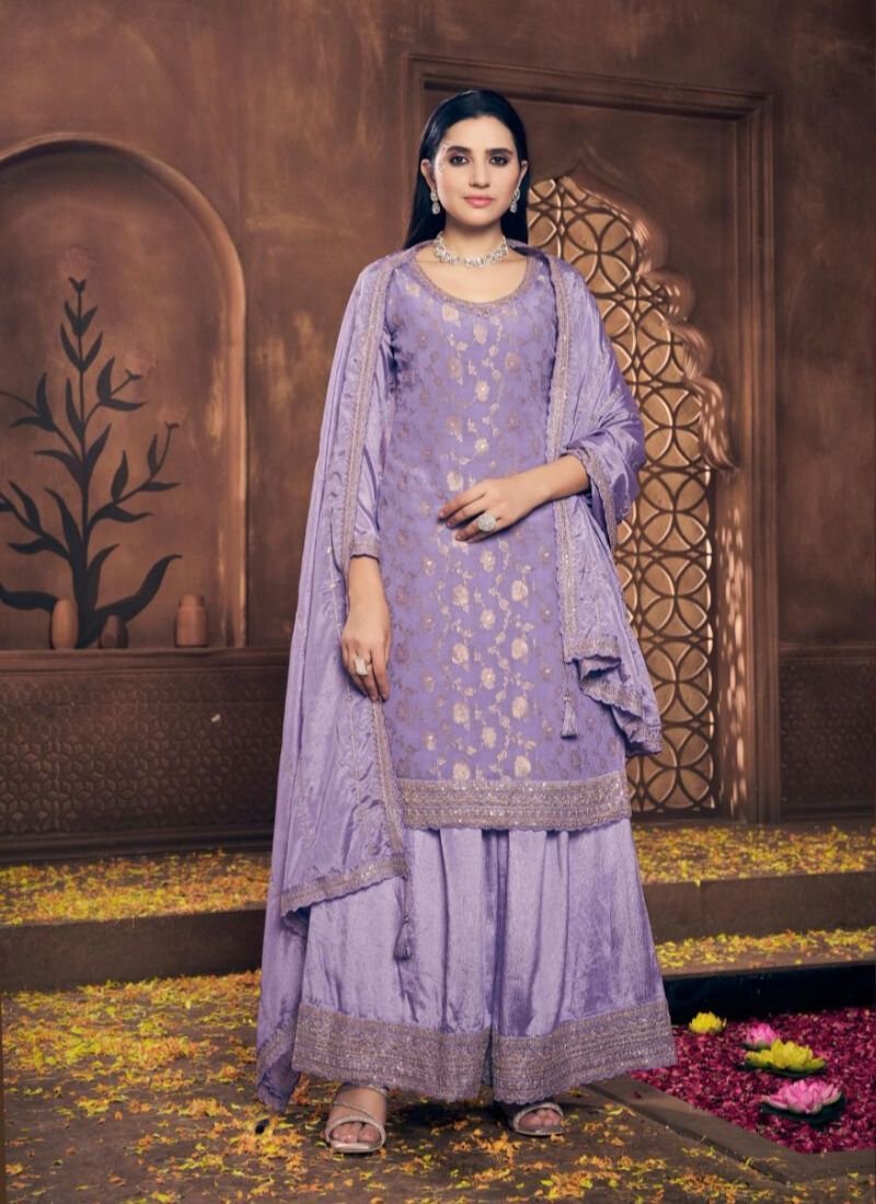 Trendy jacquard printing viscose chinon kurta palazzo suit in purple