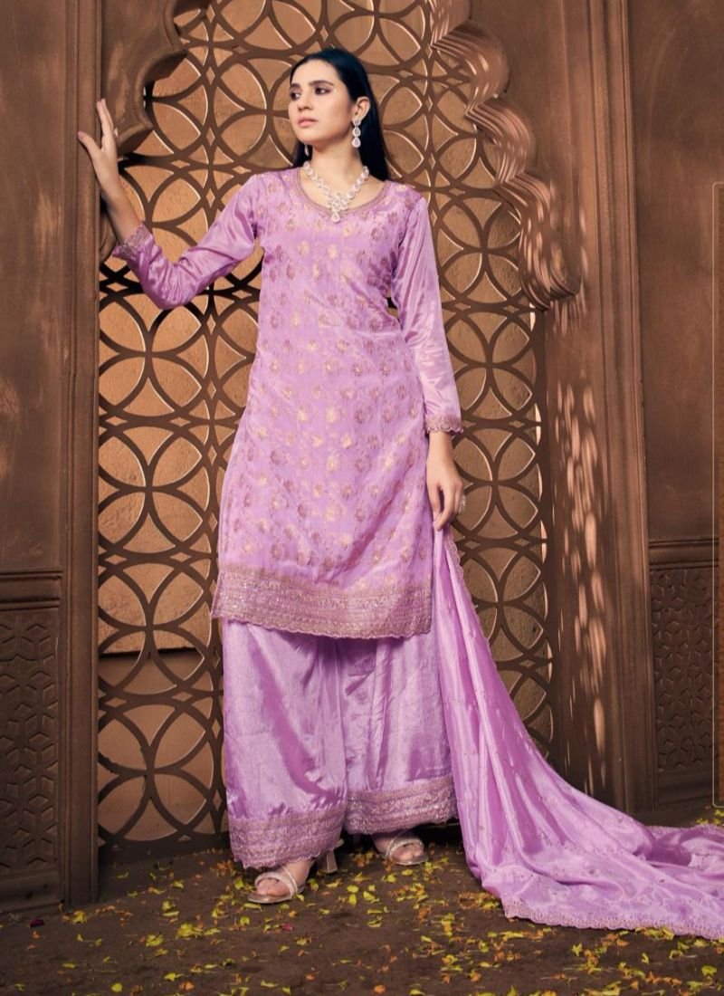 Trendy jacquard printing viscose chinon kurta palazzo suit in pink