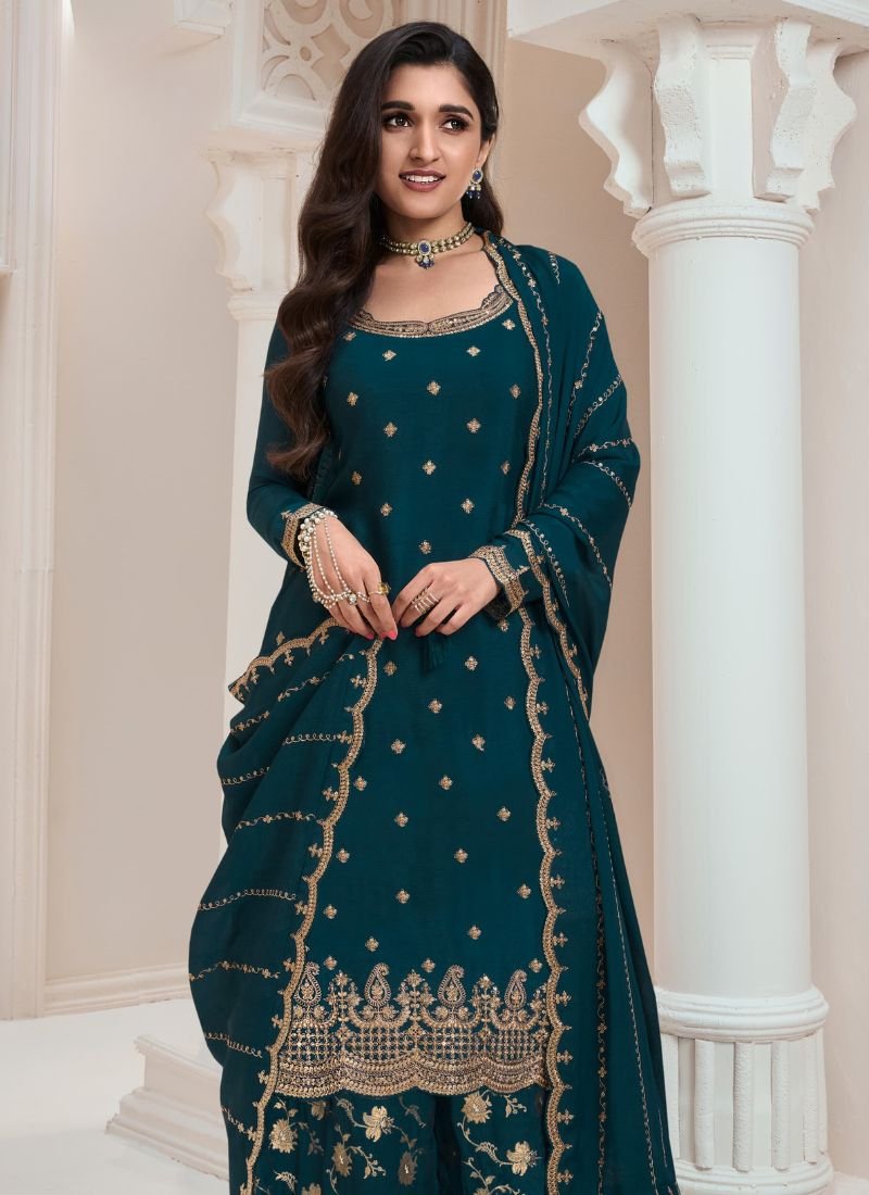 Beautiful jacquard floral embroidered chinon sharara suit in dark blue