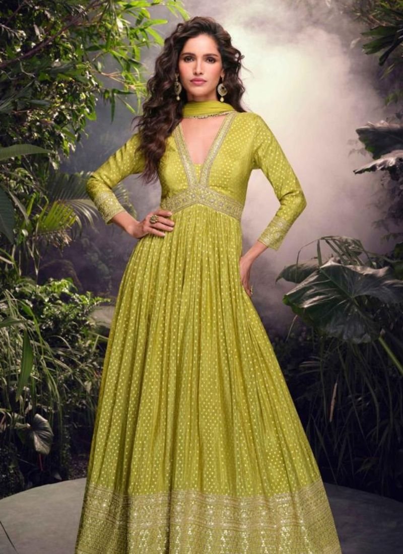 Designer embroidery viscose jacquard Anarkali Suit in green