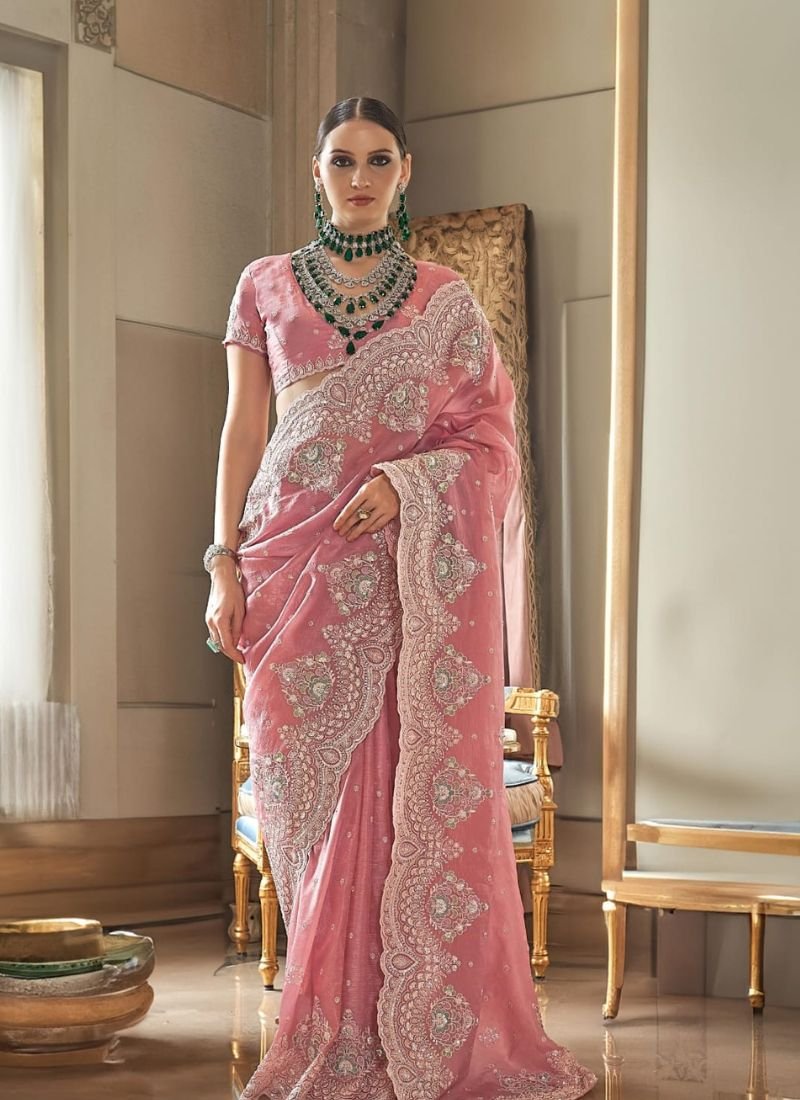 Exquisite hand woven tissue silk saree in peach