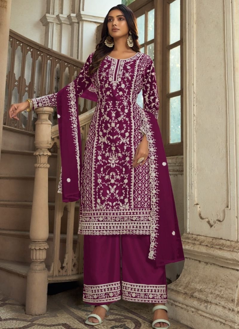 Beautiful heavy embroidered butterfly net kurta palazzo suit in dark purple