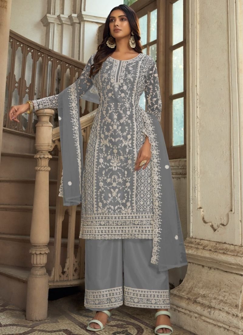 Beautiful heavy embroidered butterfly net kurta palazzo suit in grey