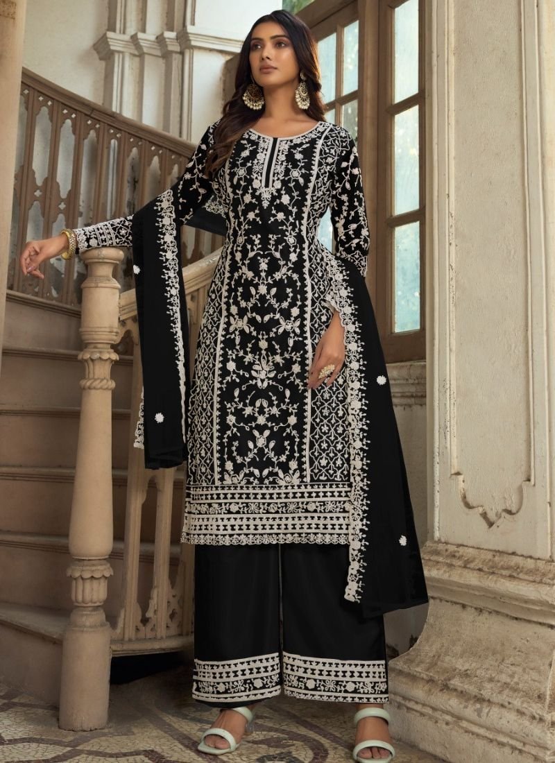 Beautiful heavy embroidered butterfly net kurta palazzo suit in black